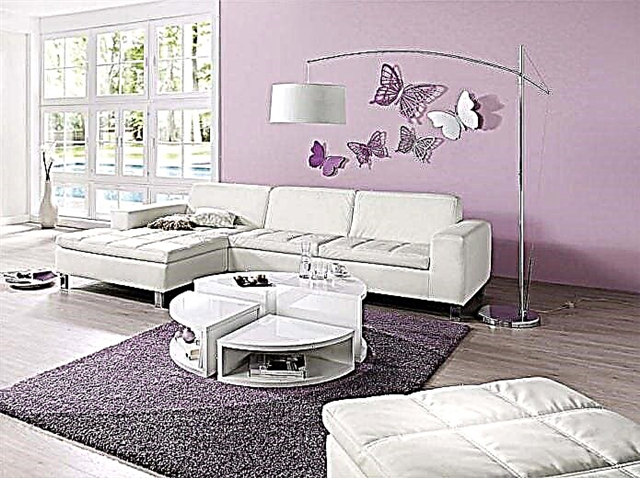 Aturan kanggo dekorasi ruang tamu kanthi nada lilac