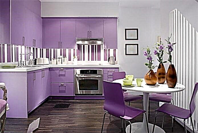 Pawon ungu: kombinasi warna, pilihan tirai, finish, wallpaper, perabotan, lampu lan dekorasi