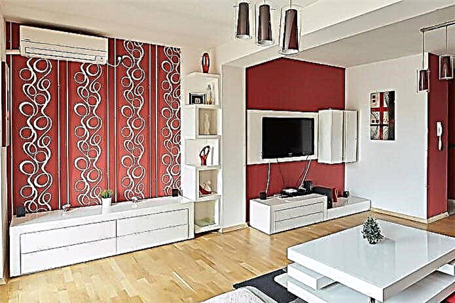 Wallpaper abang ing interior: jinis, desain, kombinasi karo warna tirai, perabotan